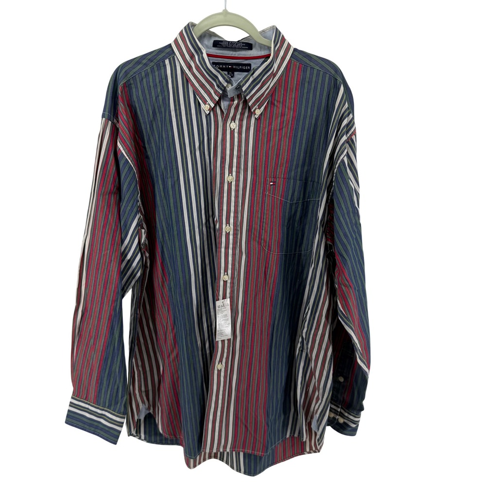 Tommy Hilfiger Mens XL Long Sleeve Button Down Shirt Multi Color Vertical Stripe